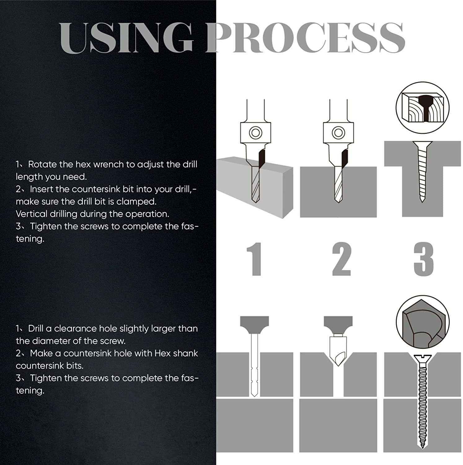 amoolo Countersink Drill Bit Set 7pcs, 4Pcs High Carbon Steel Countersink Drill Bits for Wood, 3 Pcs Hex Shank Wood Countersink Bits