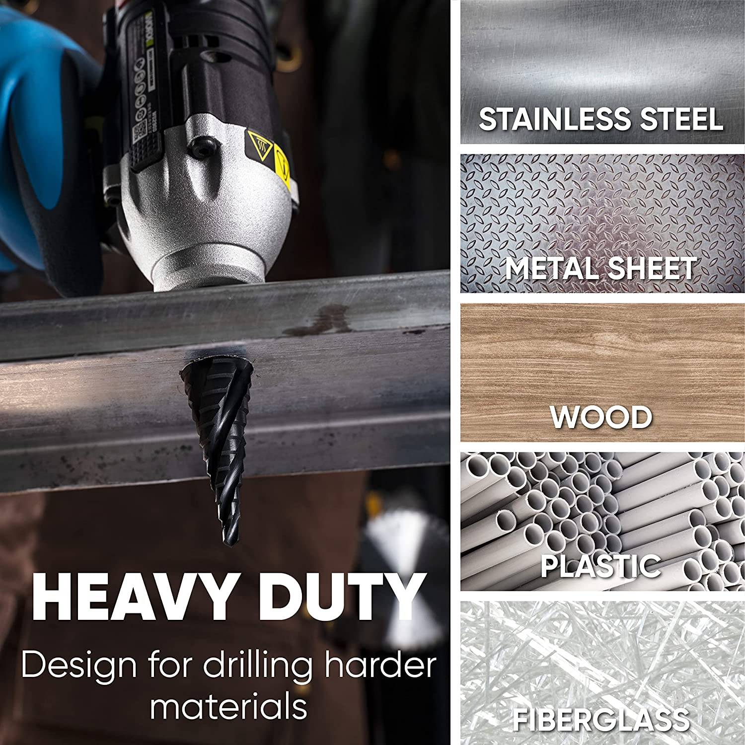 amoolo M35 Cobalt Step Drill Bit with Four Spiral Flute, 1/4" Hex Shank, for Metal, Wood, Plastic