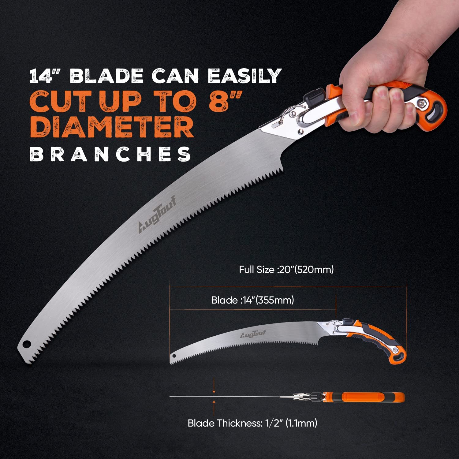 AugTouf Razor Tooth Pruning Saw with Sheath, 14 Inch Curved Blade for Wood Camping, Dry Wood Pruning